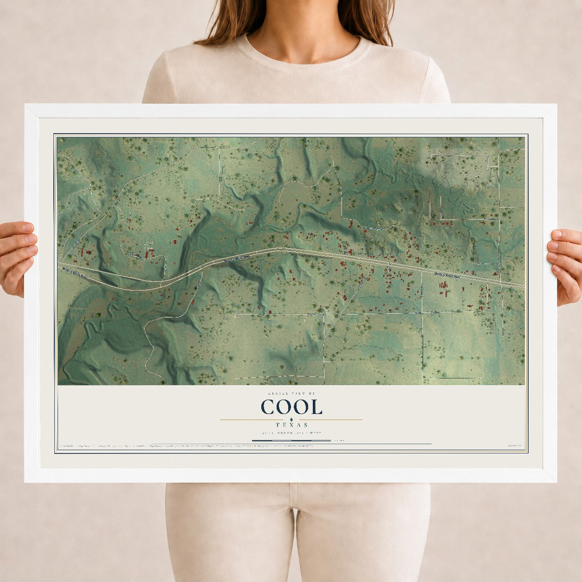 Map of Cool, Texas, 18 x 24 inch print in a white wood frame