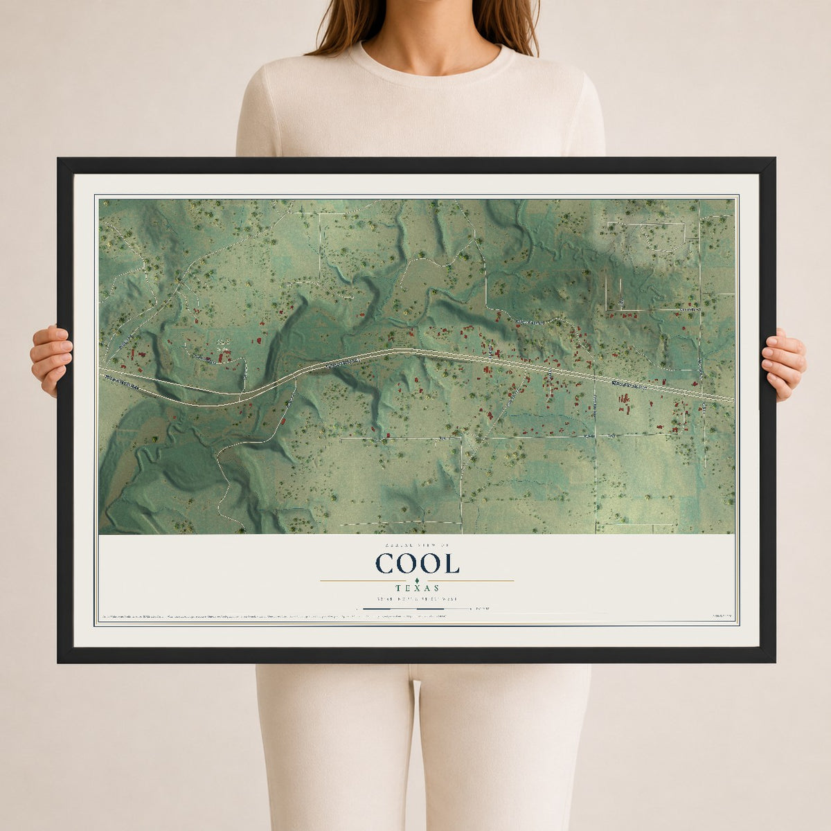 Map of Cool, Texas, 24 x 36 inch print in a black wood frame