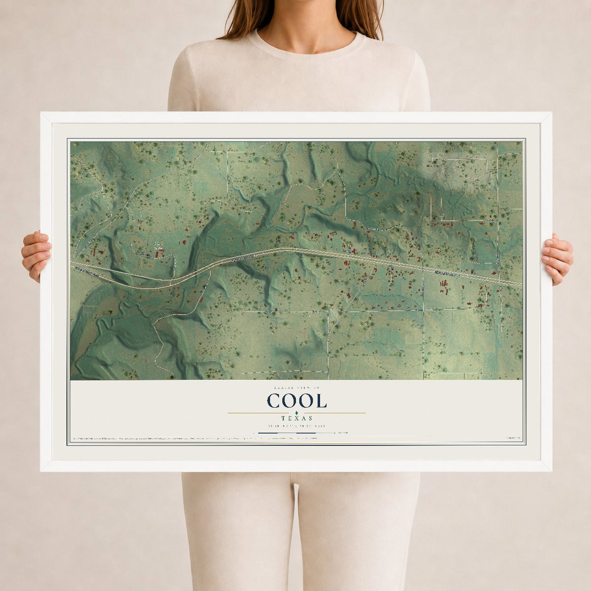 Map of Cool, Texas, 24 x 36 inch print in a white wood frame