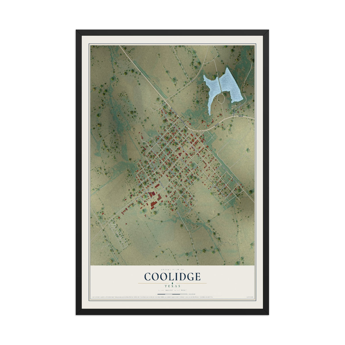 Map of Coolidge, Texas, 12 x 18 inch print in a black wood frame