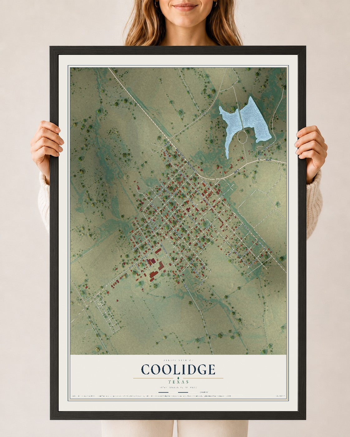 Map of Coolidge, Texas, 24 x 36 inch print in a black wood frame