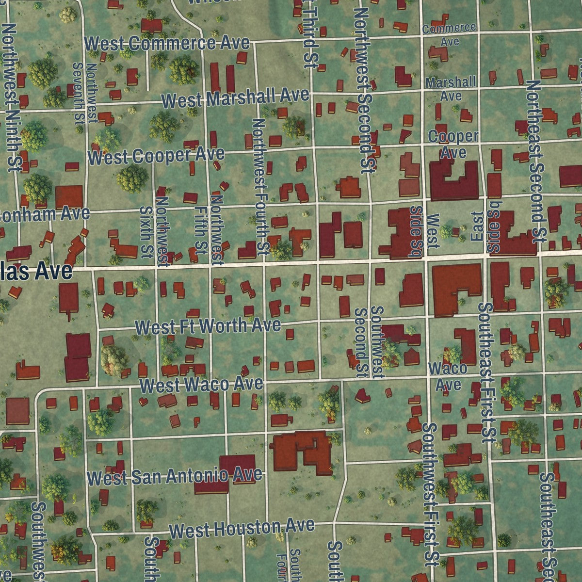 Close-up of the map of Cooper, Texas print showing street and building detail