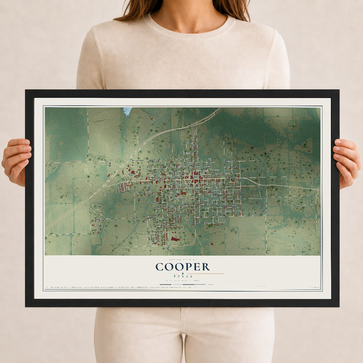 Map of Cooper, Texas, 12 x 18 inch print in a black wood frame