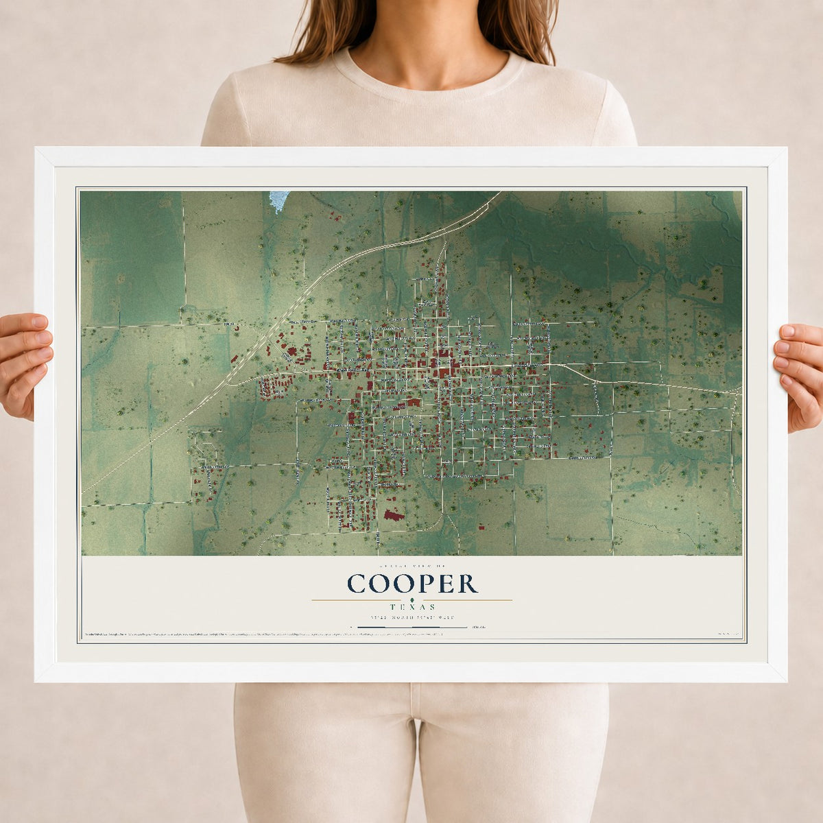 Map of Cooper, Texas, 18 x 24 inch print in a white wood frame