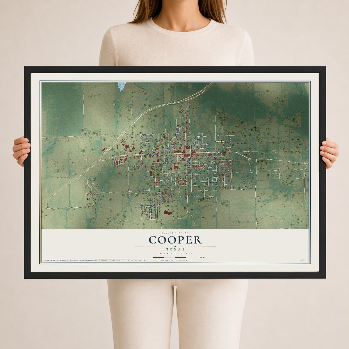 Map of Cooper, Texas, 24 x 36 inch print in a black wood frame