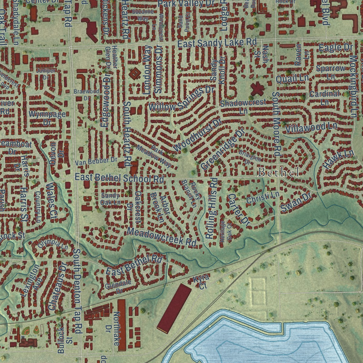 Close-up of the map of Coppell, Texas print showing street and building detail