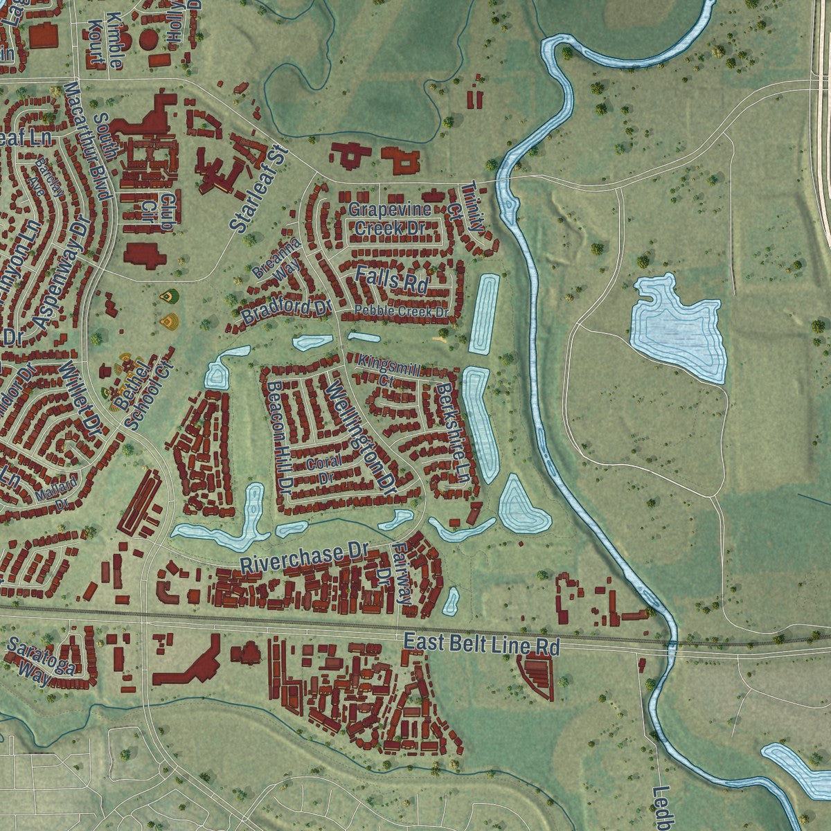 Second close-up of the map of Coppell, Texas print showing more streets and buildings