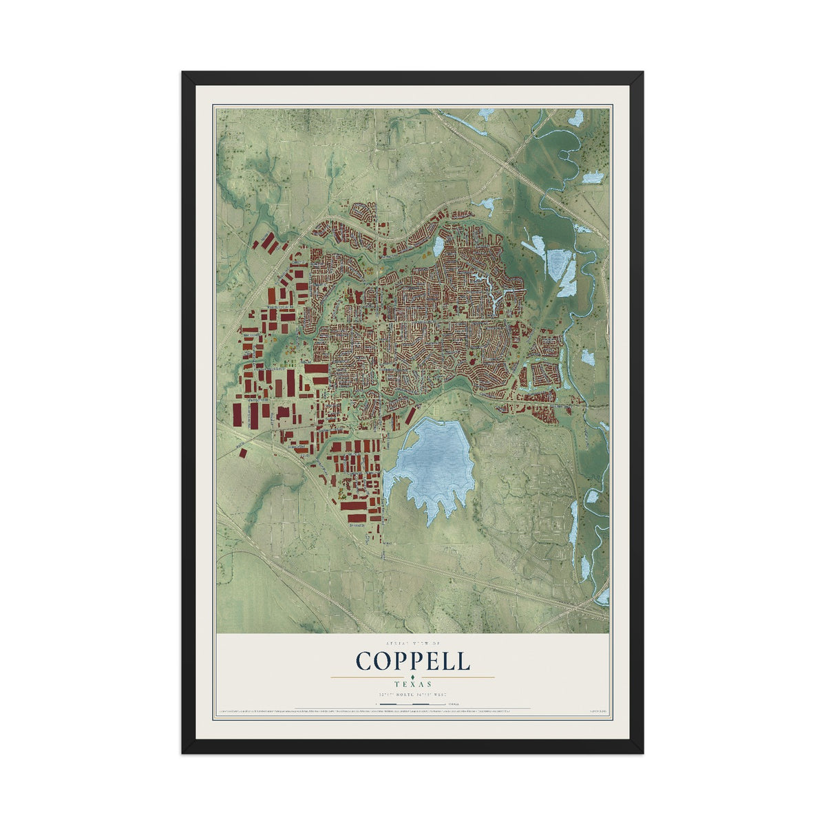 Map of Coppell, Texas, 12 x 18 inch print in a black wood frame