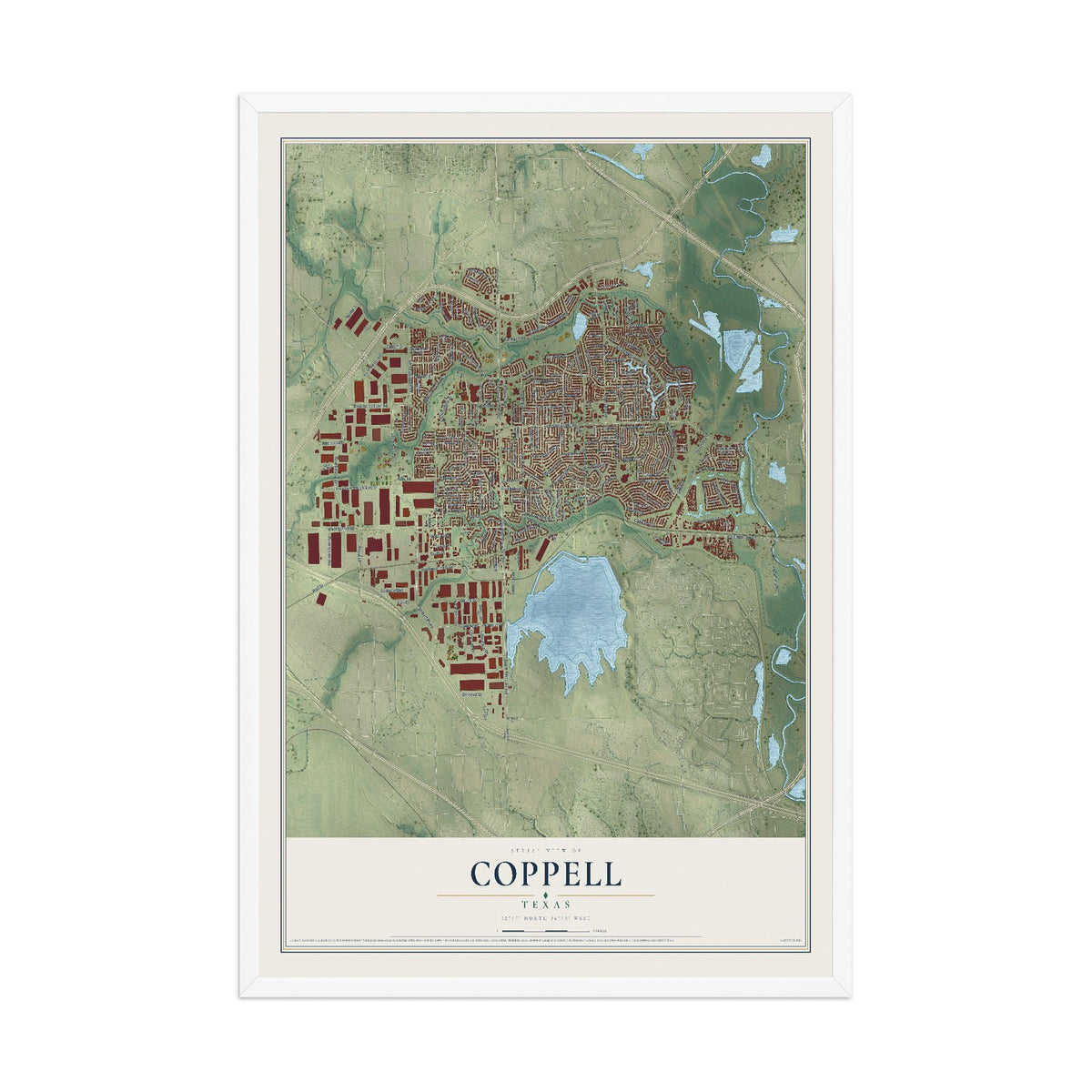 Map of Coppell, Texas, 12 x 18 inch print in a white wood frame