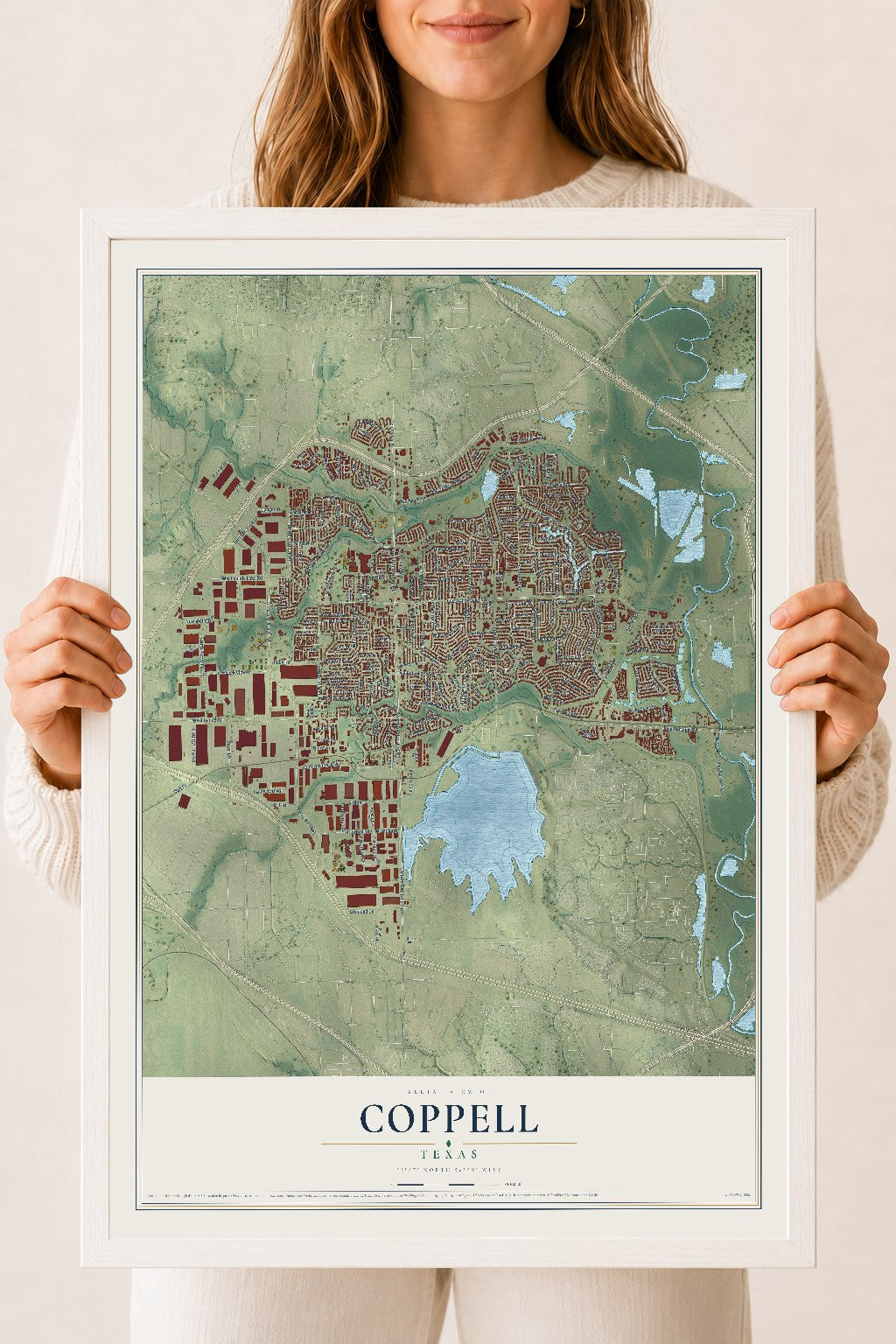 Map of Coppell, Texas, 18 x 24 inch print in a white wood frame