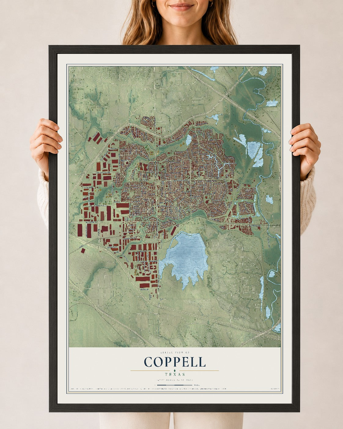 Map of Coppell, Texas, 24 x 36 inch print in a black wood frame