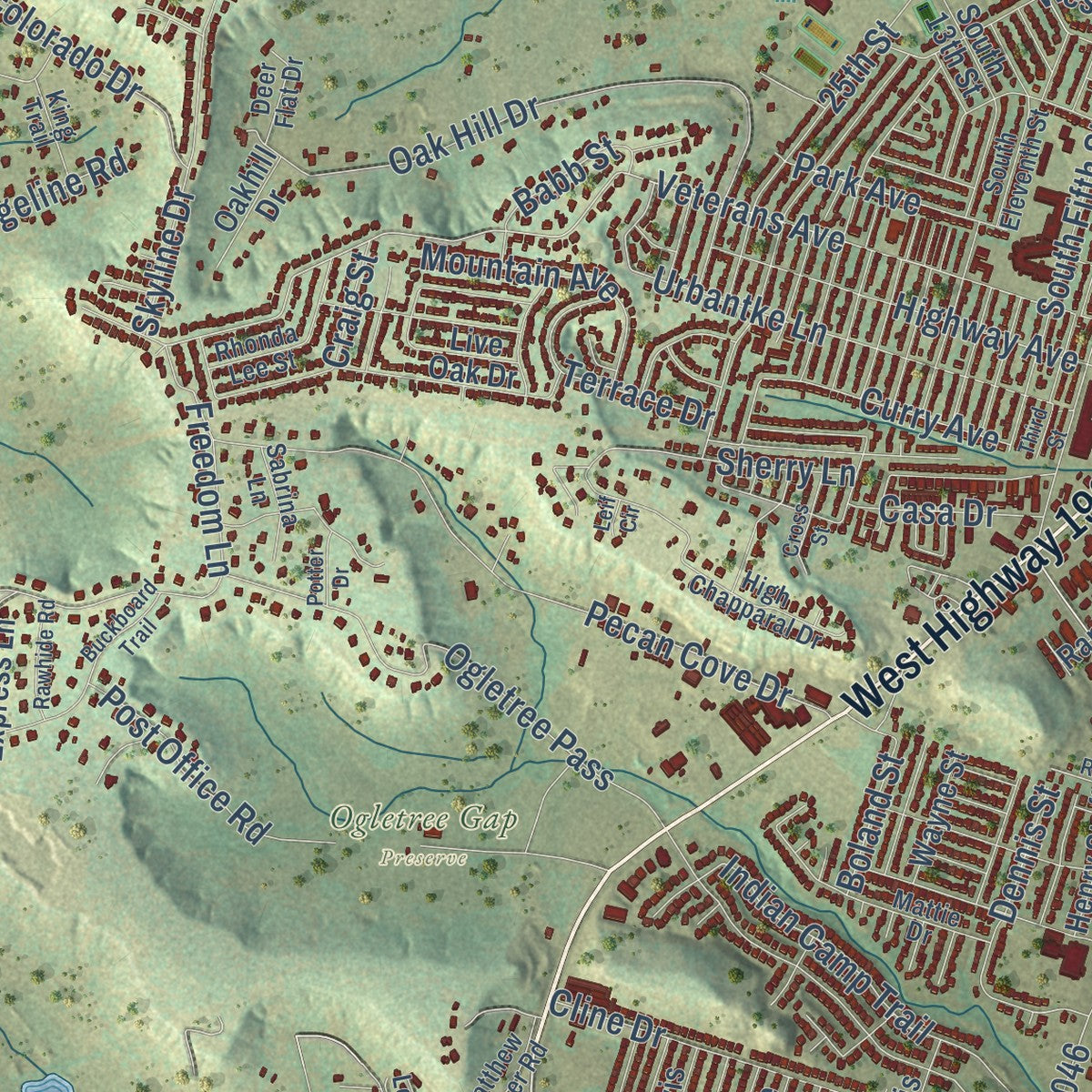 Close-up of the map of Copperas Cove, Texas print showing street and building detail