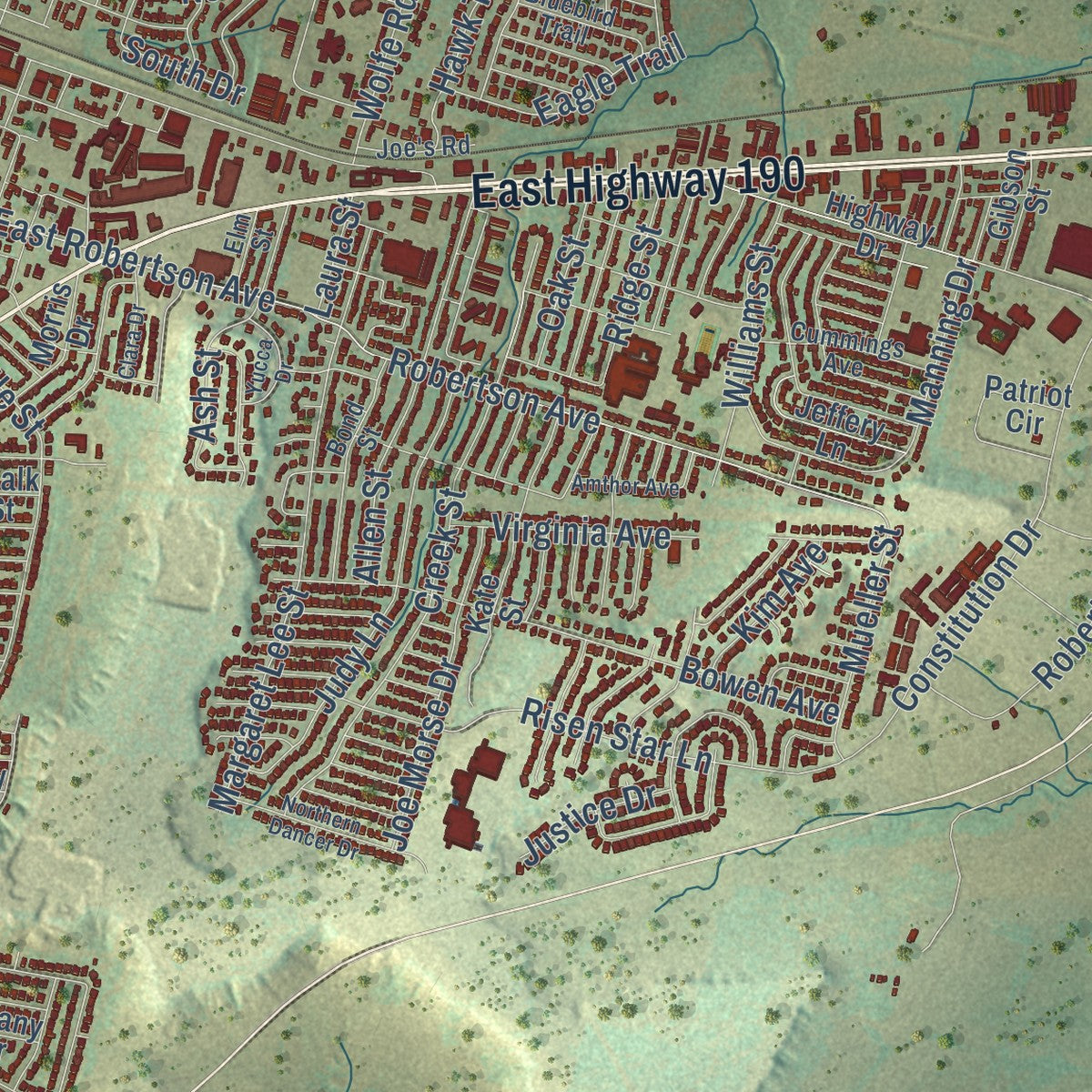 Second close-up of the map of Copperas Cove, Texas print showing more streets and buildings