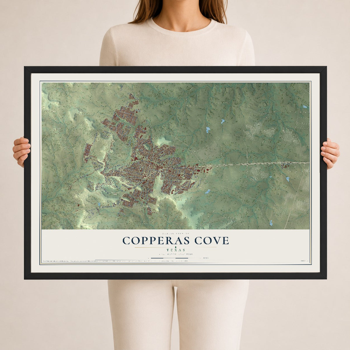 Map of Copperas Cove, Texas, 24 x 36 inch print in a black wood frame