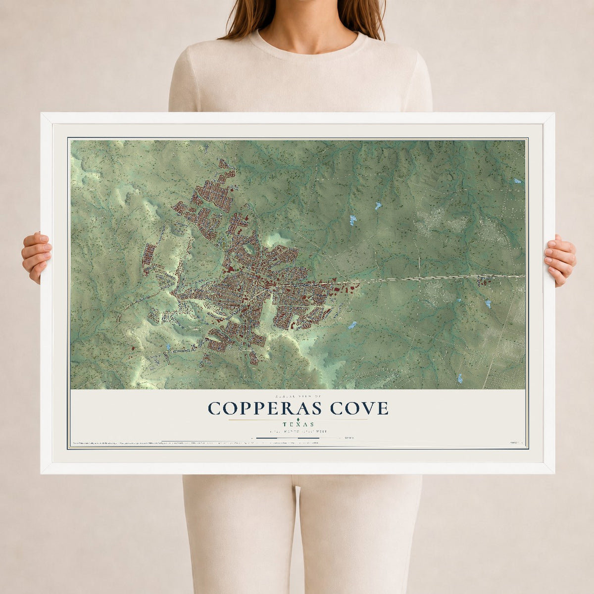 Map of Copperas Cove, Texas, 24 x 36 inch print in a white wood frame