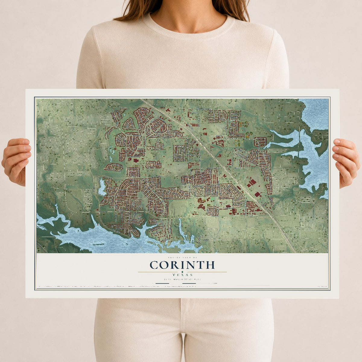 Map of Corinth, Texas, 12 x 18 inch unframed archival matte print