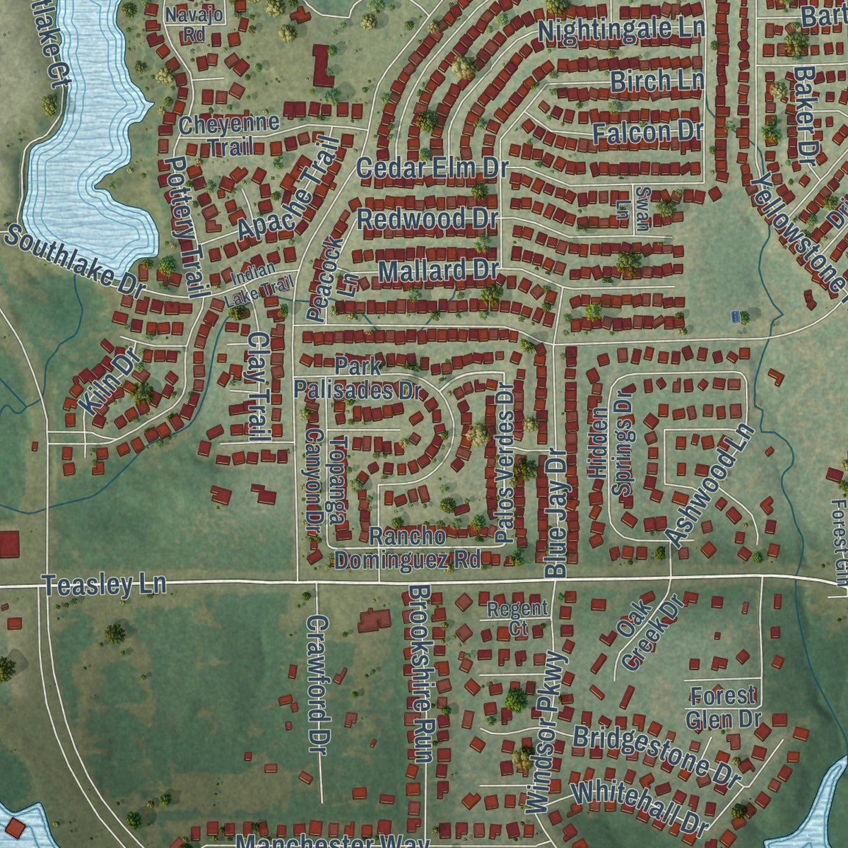 Close-up of the map of Corinth, Texas print showing street and building detail