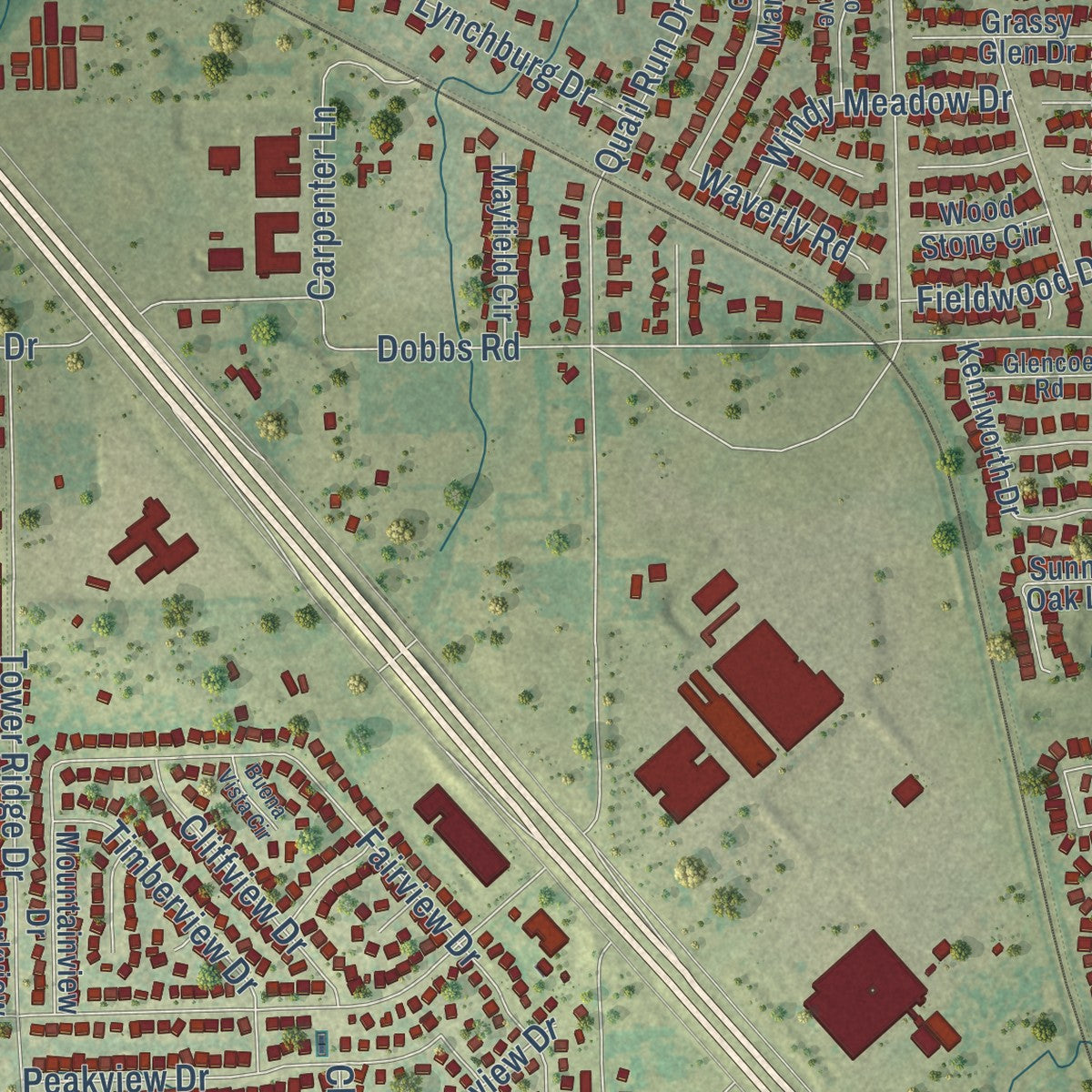 Second close-up of the map of Corinth, Texas print showing more streets and buildings