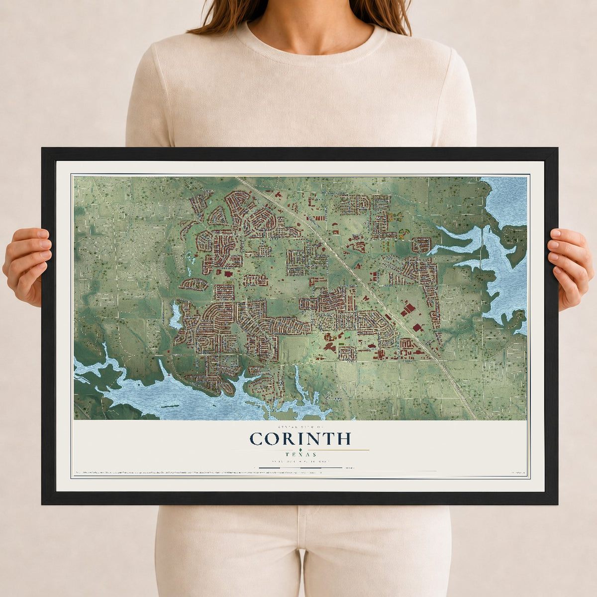 Map of Corinth, Texas, 12 x 18 inch print in a black wood frame