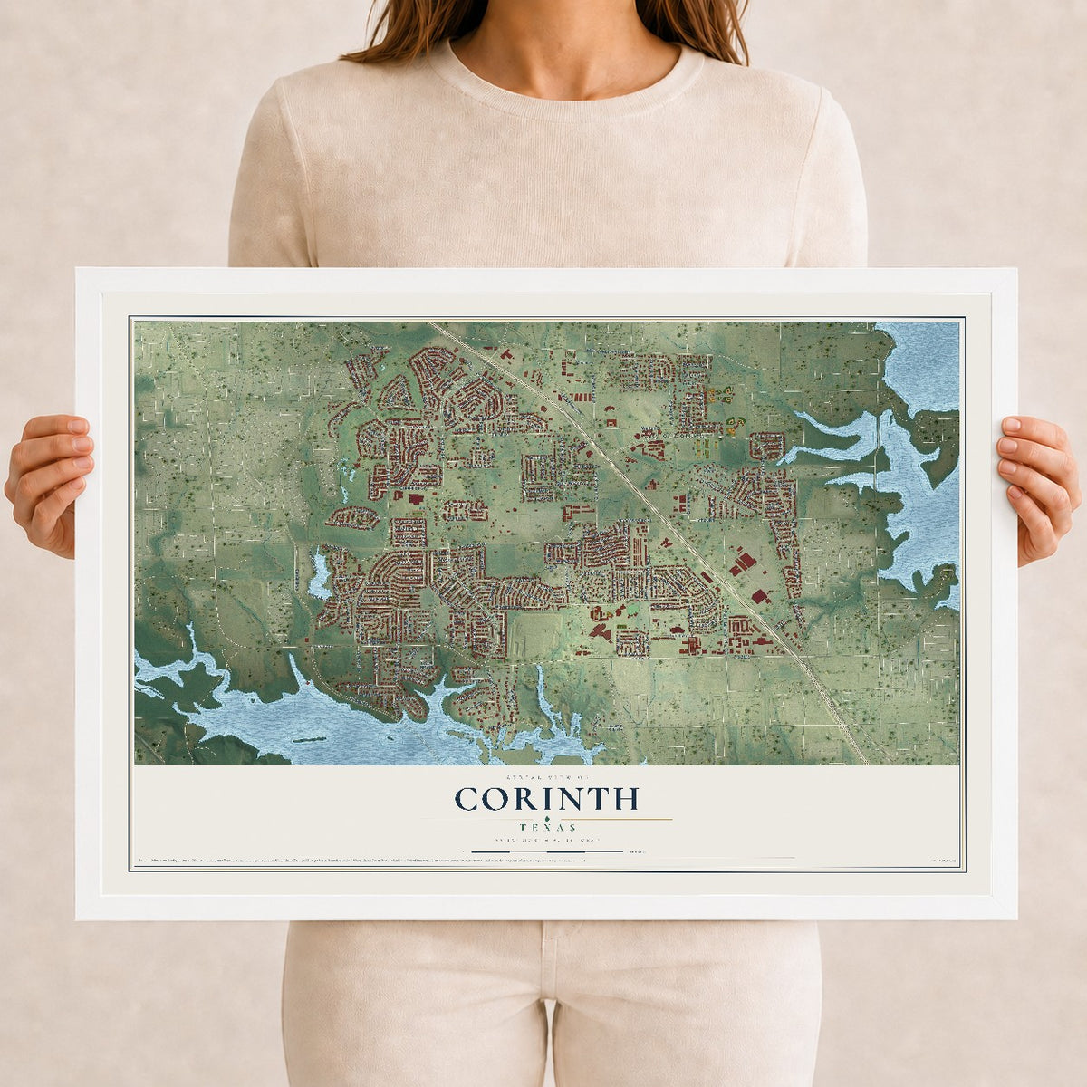 Map of Corinth, Texas, 12 x 18 inch print in a white wood frame