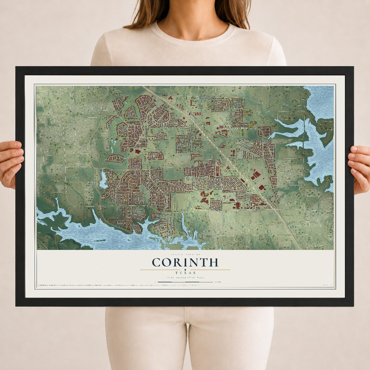 Map of Corinth, Texas, 18 x 24 inch print in a black wood frame