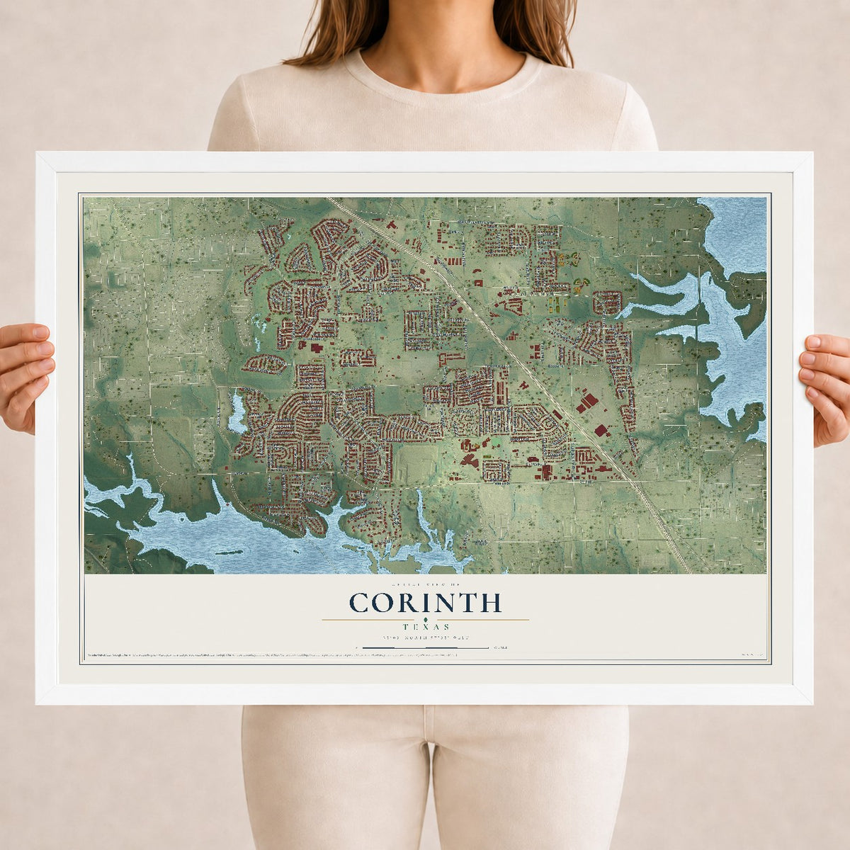 Map of Corinth, Texas, 18 x 24 inch print in a white wood frame