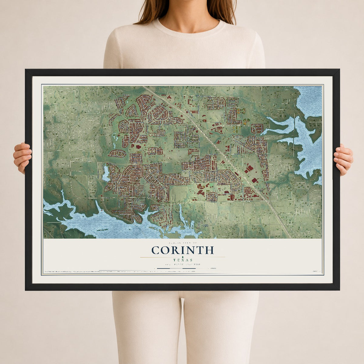 Map of Corinth, Texas, 24 x 36 inch print in a black wood frame