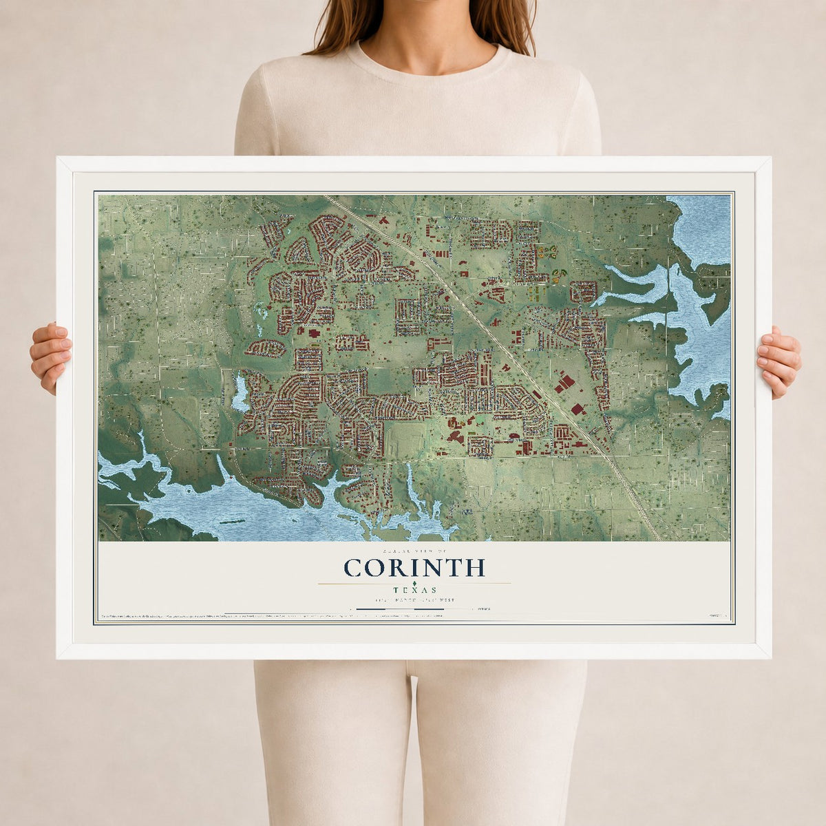 Map of Corinth, Texas, 24 x 36 inch print in a white wood frame