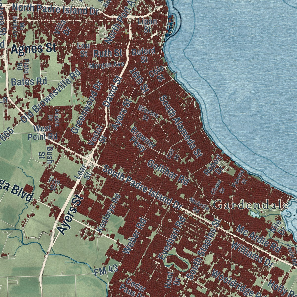 Close-up of the map of Corpus Christi, Texas print showing street and building detail