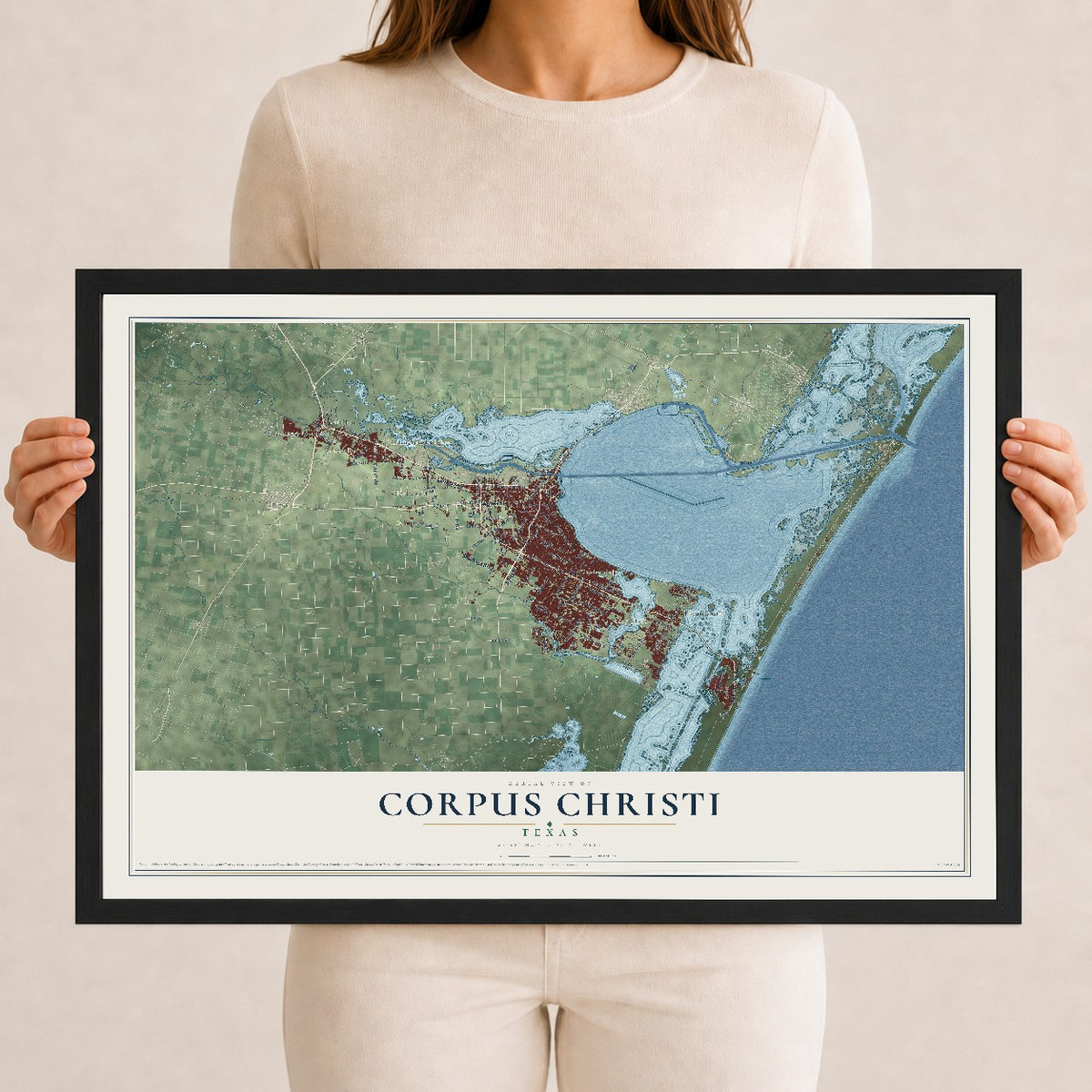 Map of Corpus Christi, Texas, 12 x 18 inch print in a black wood frame