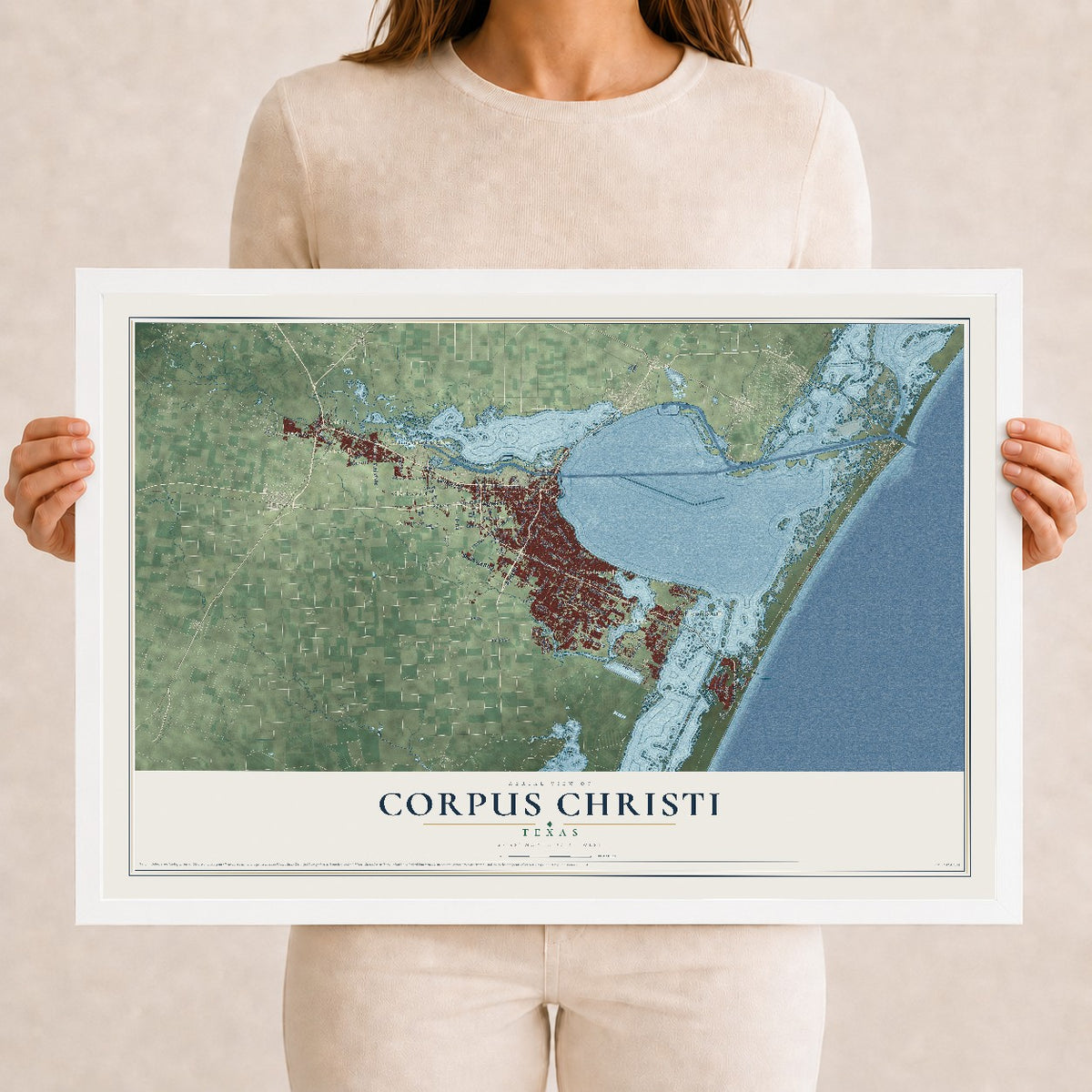 Map of Corpus Christi, Texas, 12 x 18 inch print in a white wood frame