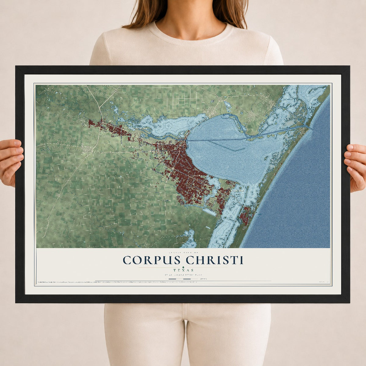 Map of Corpus Christi, Texas, 18 x 24 inch print in a black wood frame