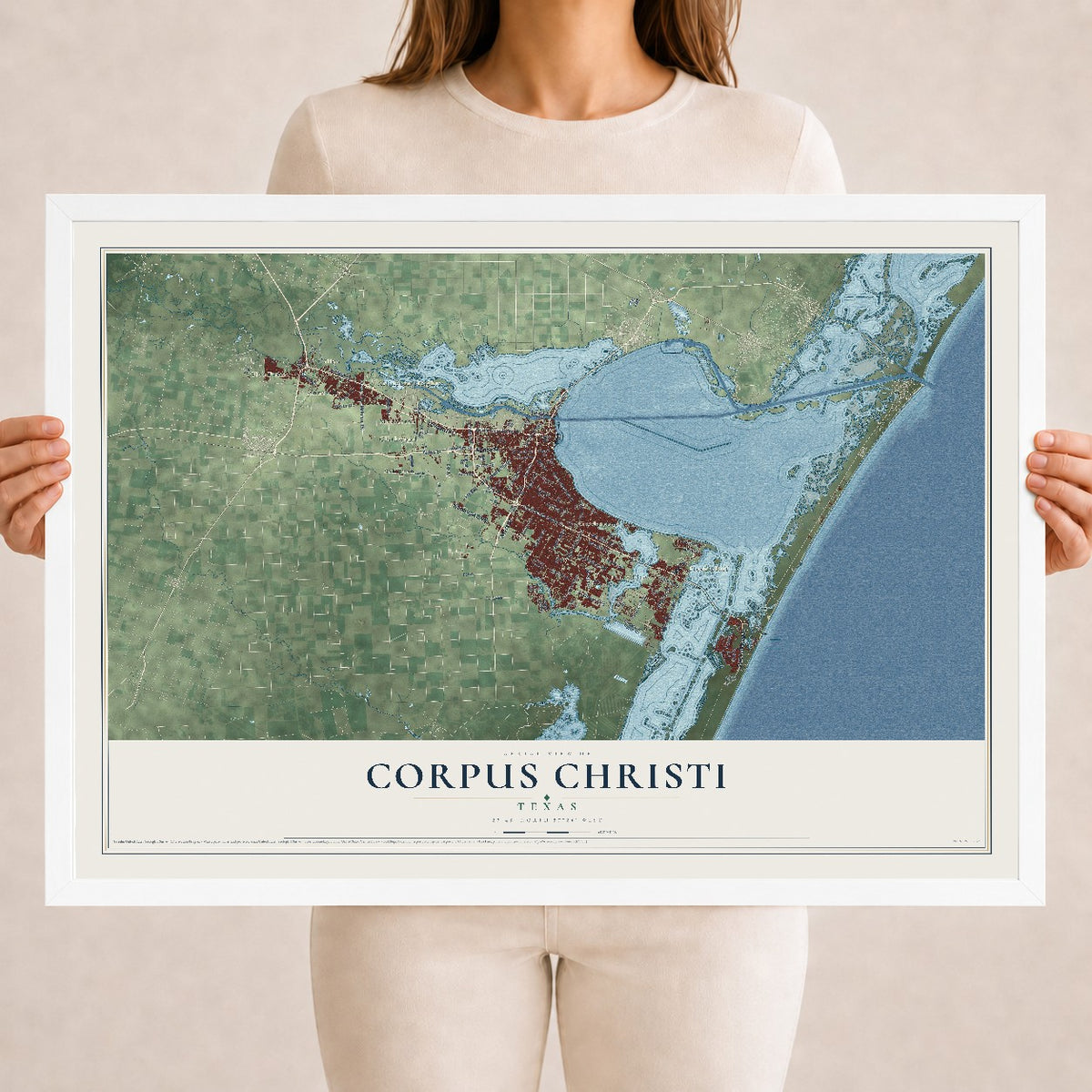Map of Corpus Christi, Texas, 18 x 24 inch print in a white wood frame