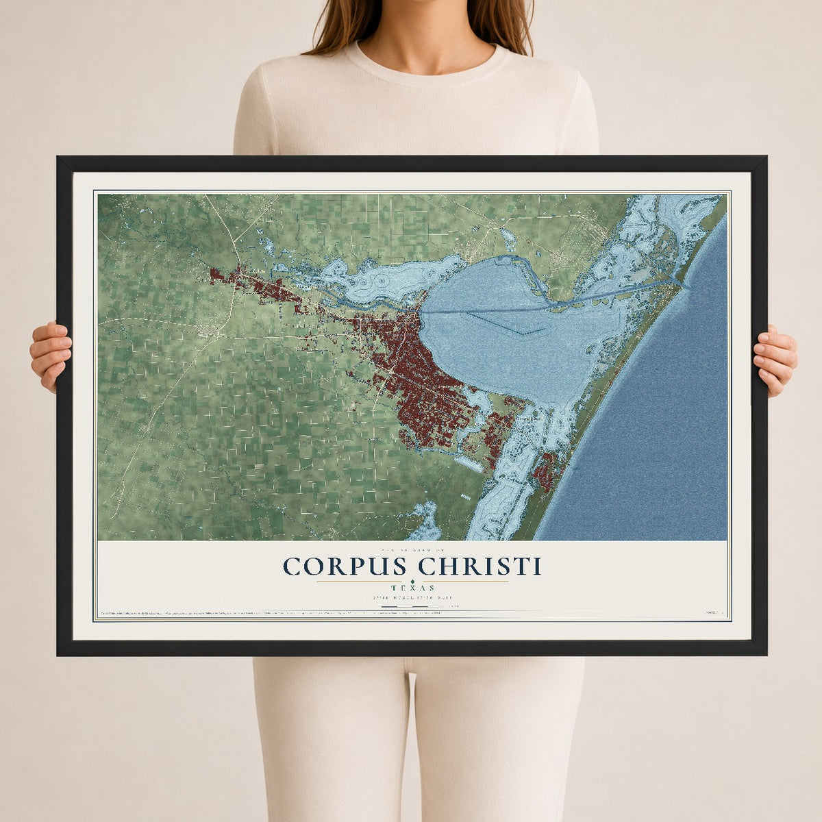 Map of Corpus Christi, Texas, 24 x 36 inch print in a black wood frame