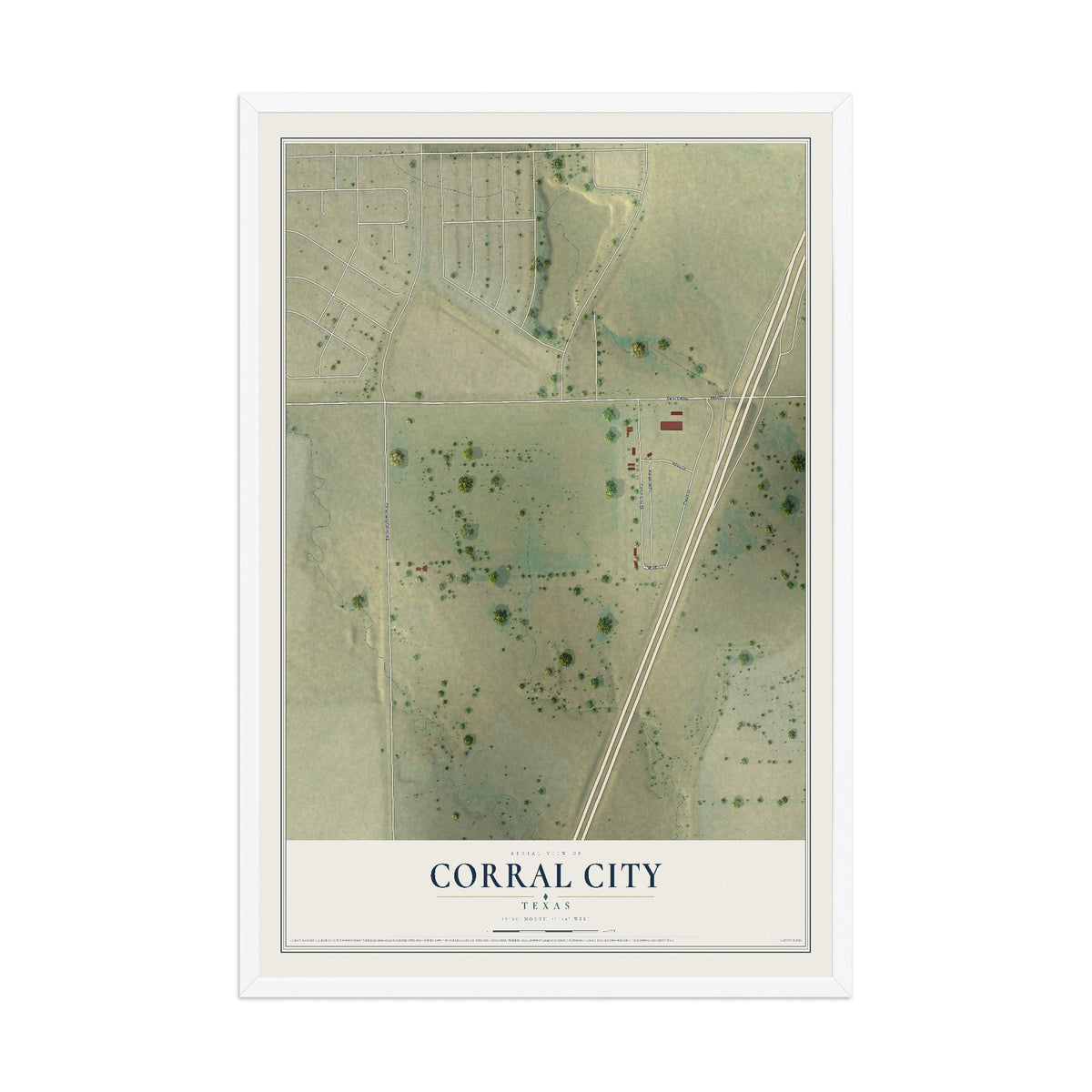 Map of Corral City, Texas, 12 x 18 inch print in a white wood frame