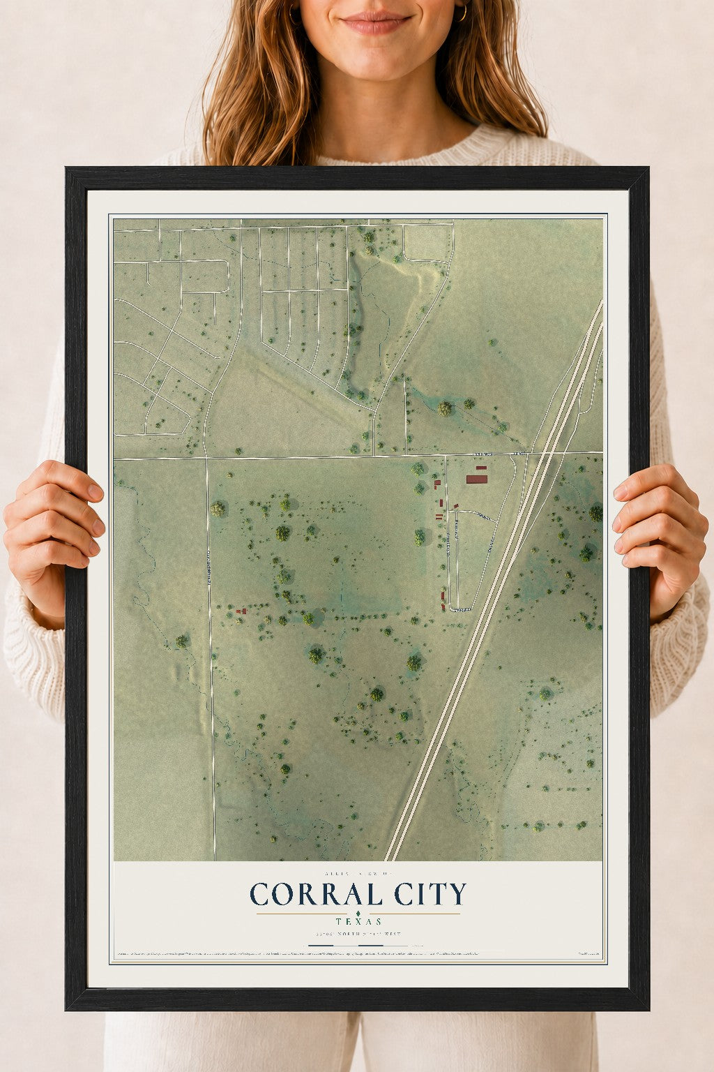 Map of Corral City, Texas, 18 x 24 inch print in a black wood frame