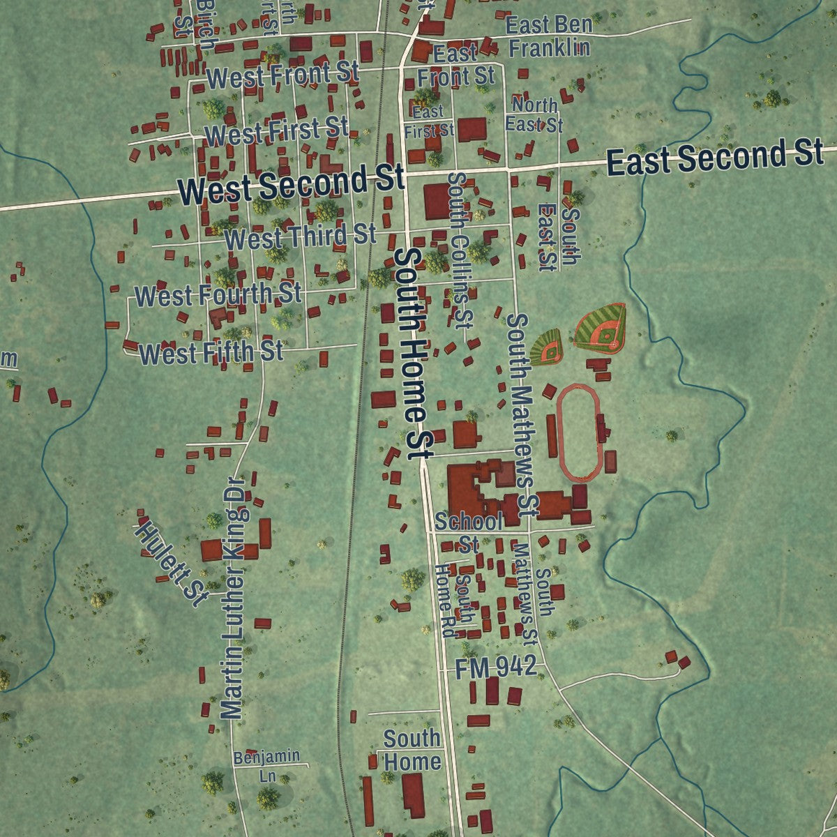 Close-up of the map of Corrigan, Texas print showing street and building detail