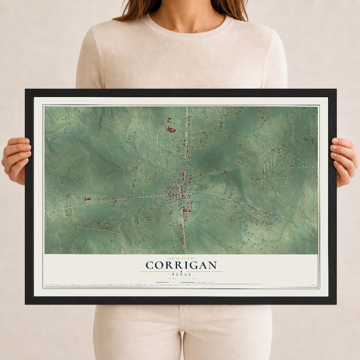 Map of Corrigan, Texas, 12 x 18 inch print in a black wood frame