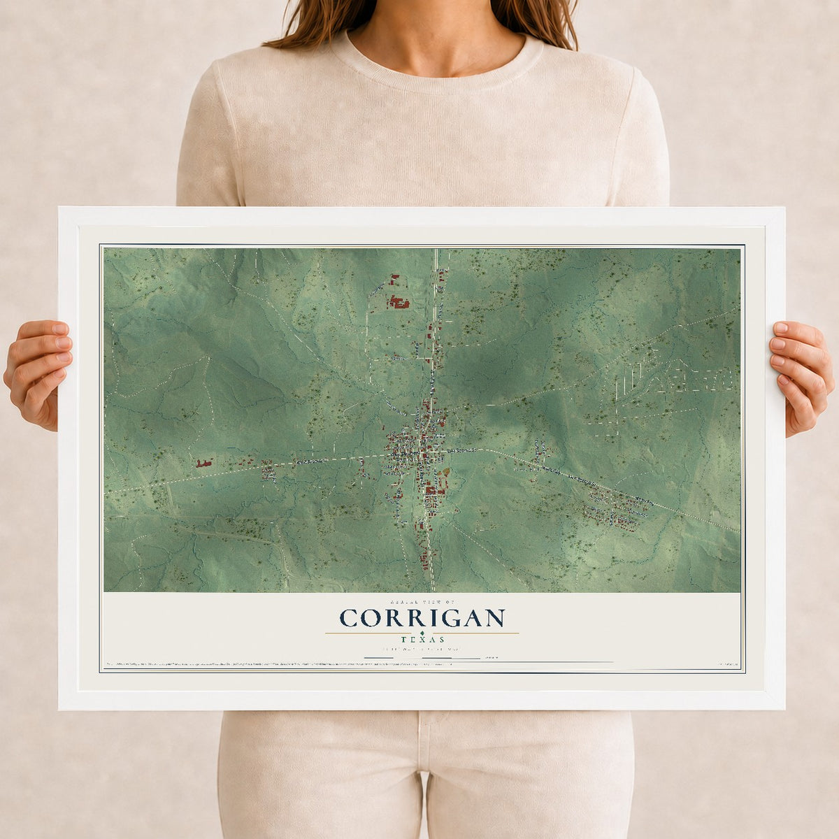 Map of Corrigan, Texas, 12 x 18 inch print in a white wood frame
