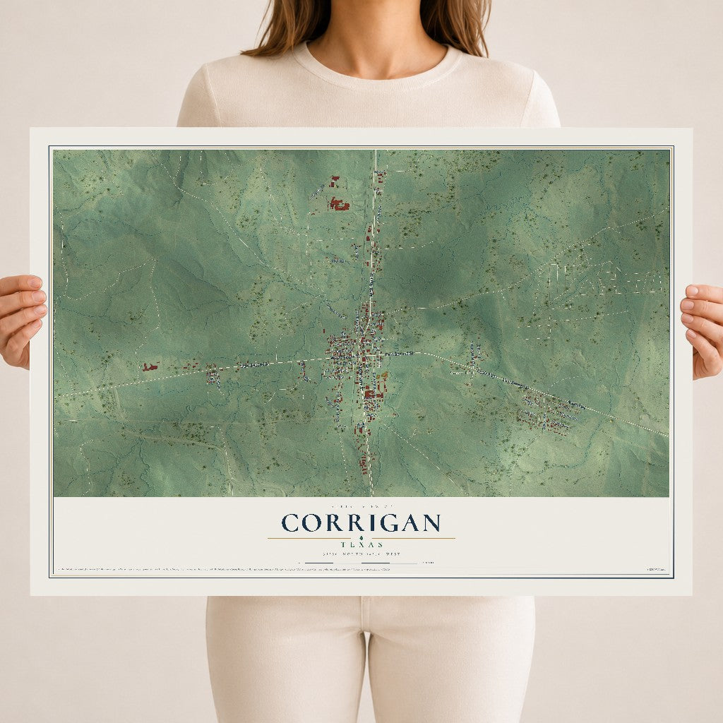 Map of Corrigan, Texas, 18 x 24 inch unframed archival matte print