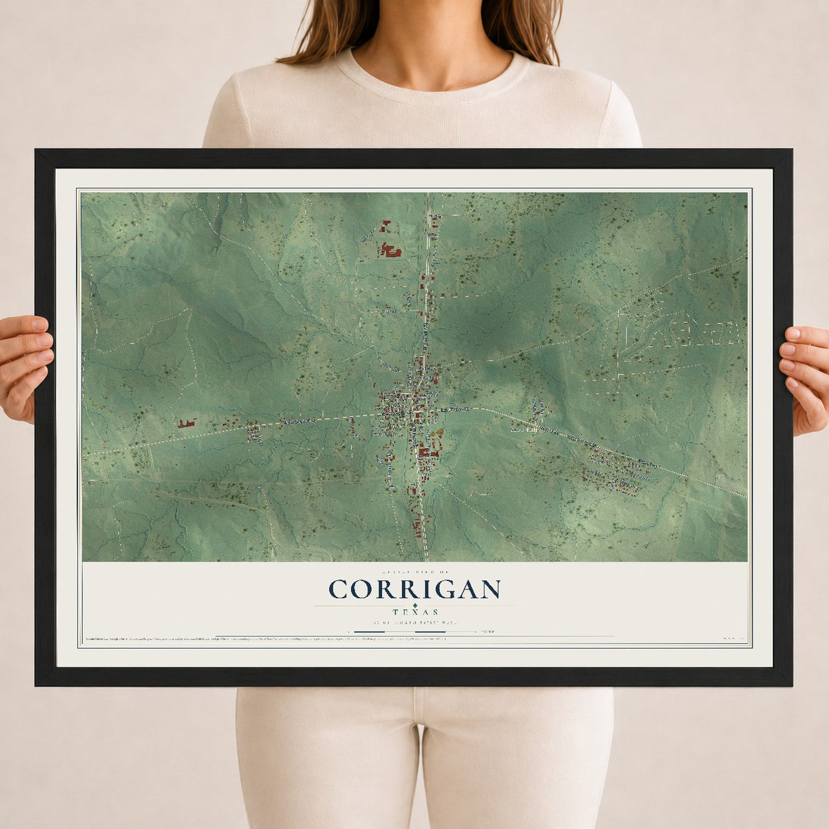 Map of Corrigan, Texas, 18 x 24 inch print in a black wood frame