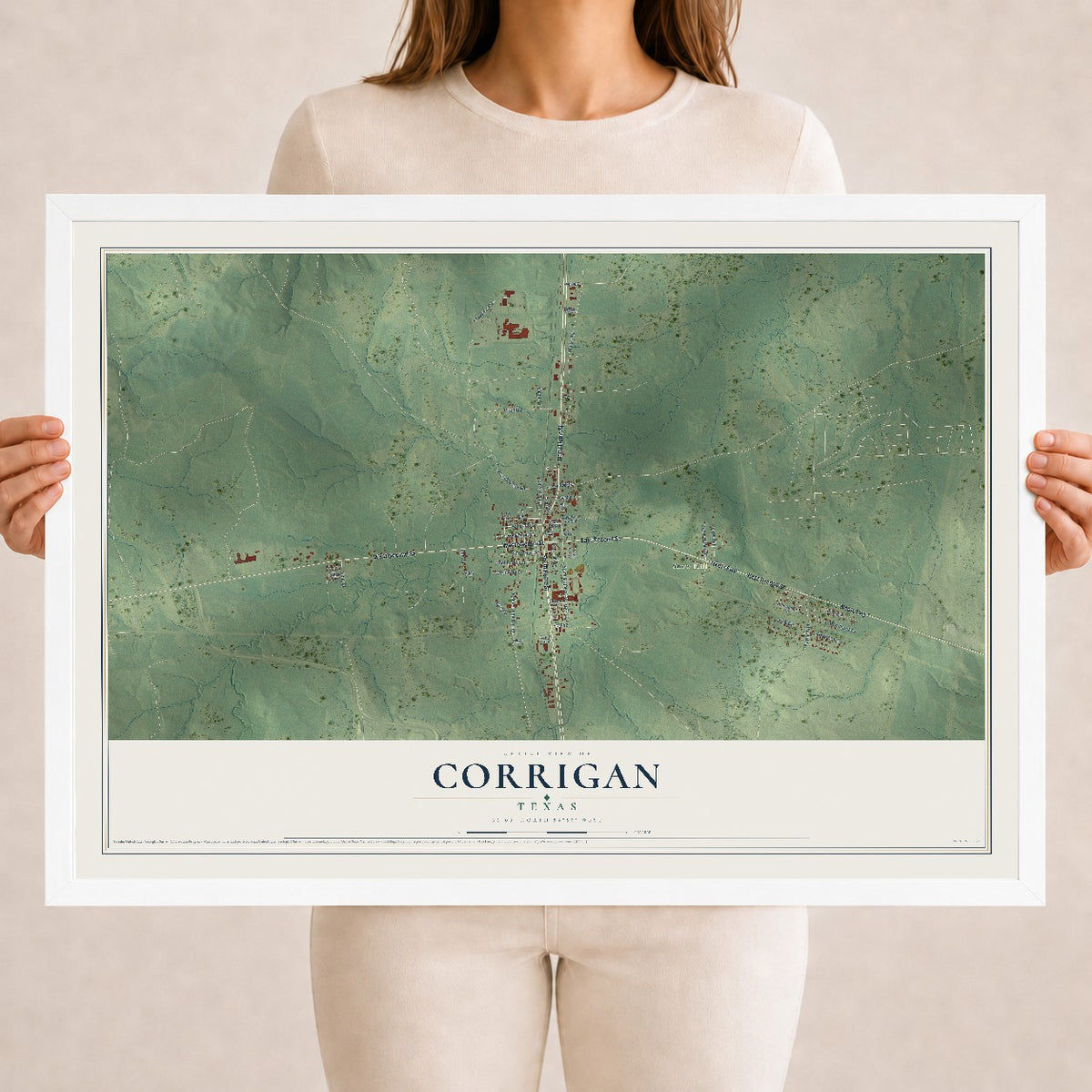 Map of Corrigan, Texas, 18 x 24 inch print in a white wood frame