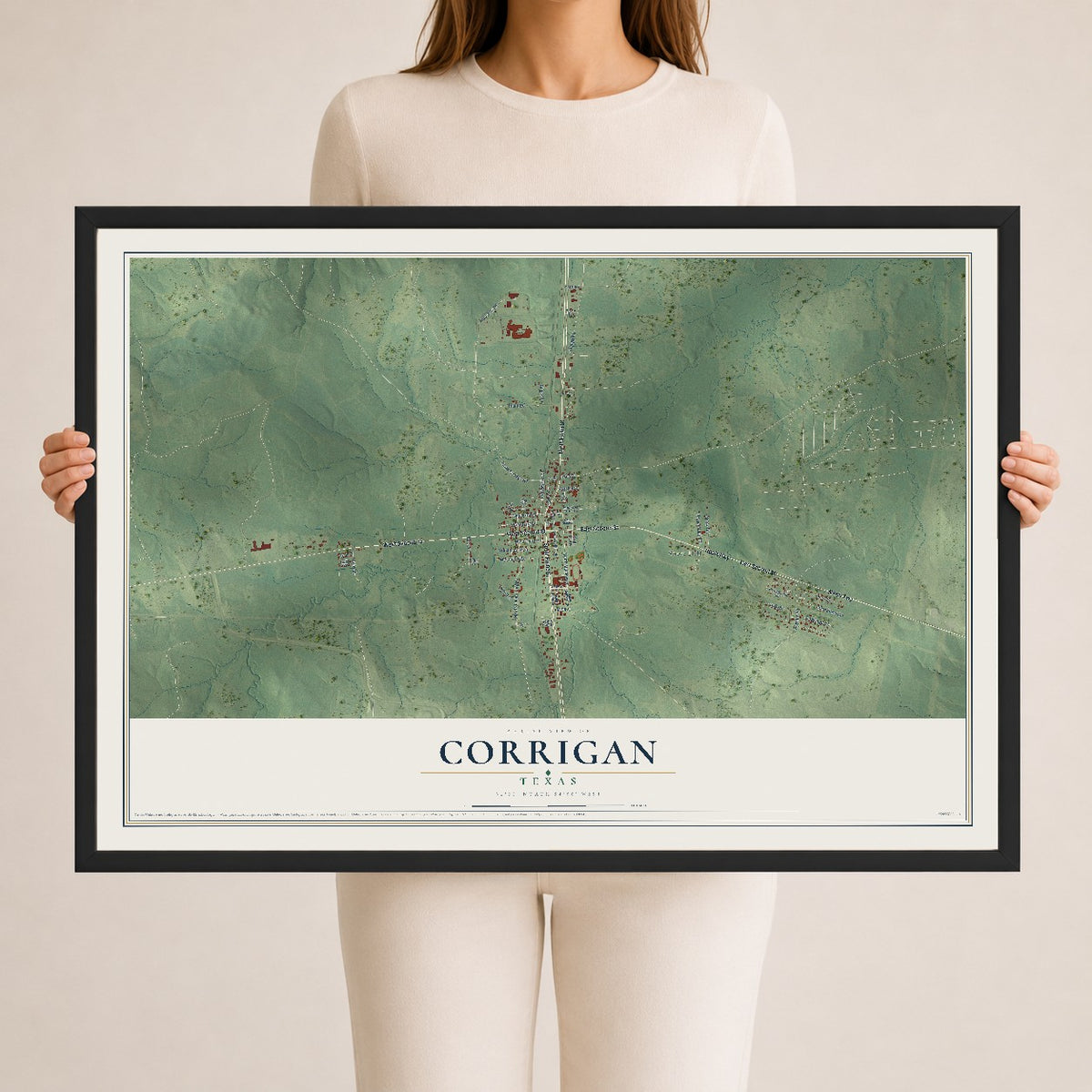 Map of Corrigan, Texas, 24 x 36 inch print in a black wood frame