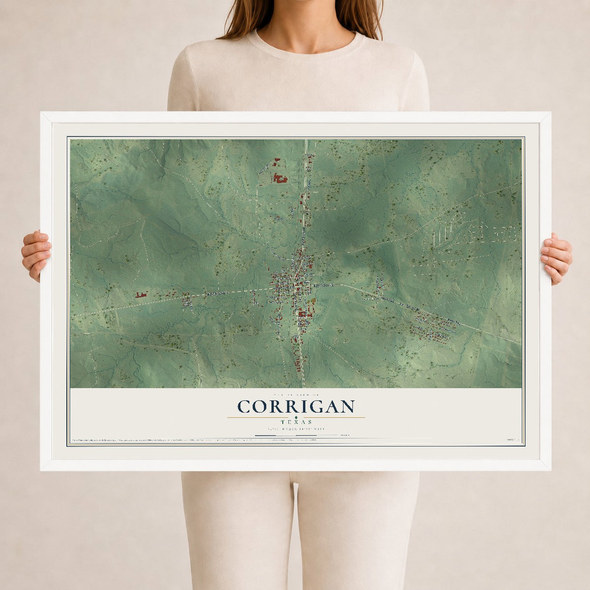 Map of Corrigan, Texas, 24 x 36 inch print in a white wood frame