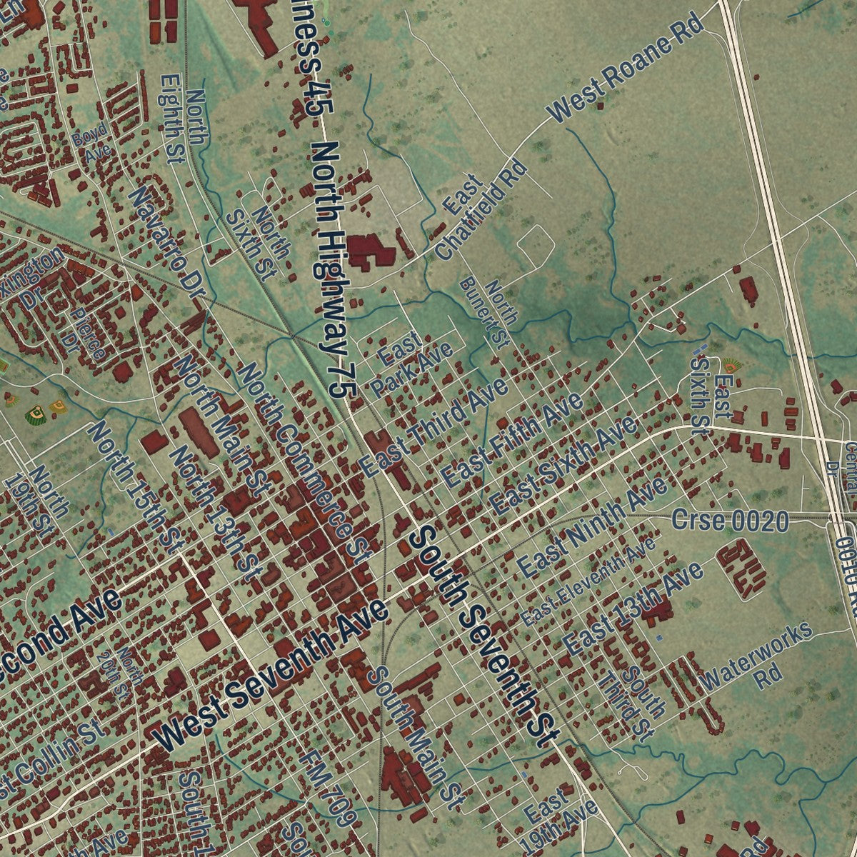 Close-up of the map of Corsicana, Texas print showing street and building detail