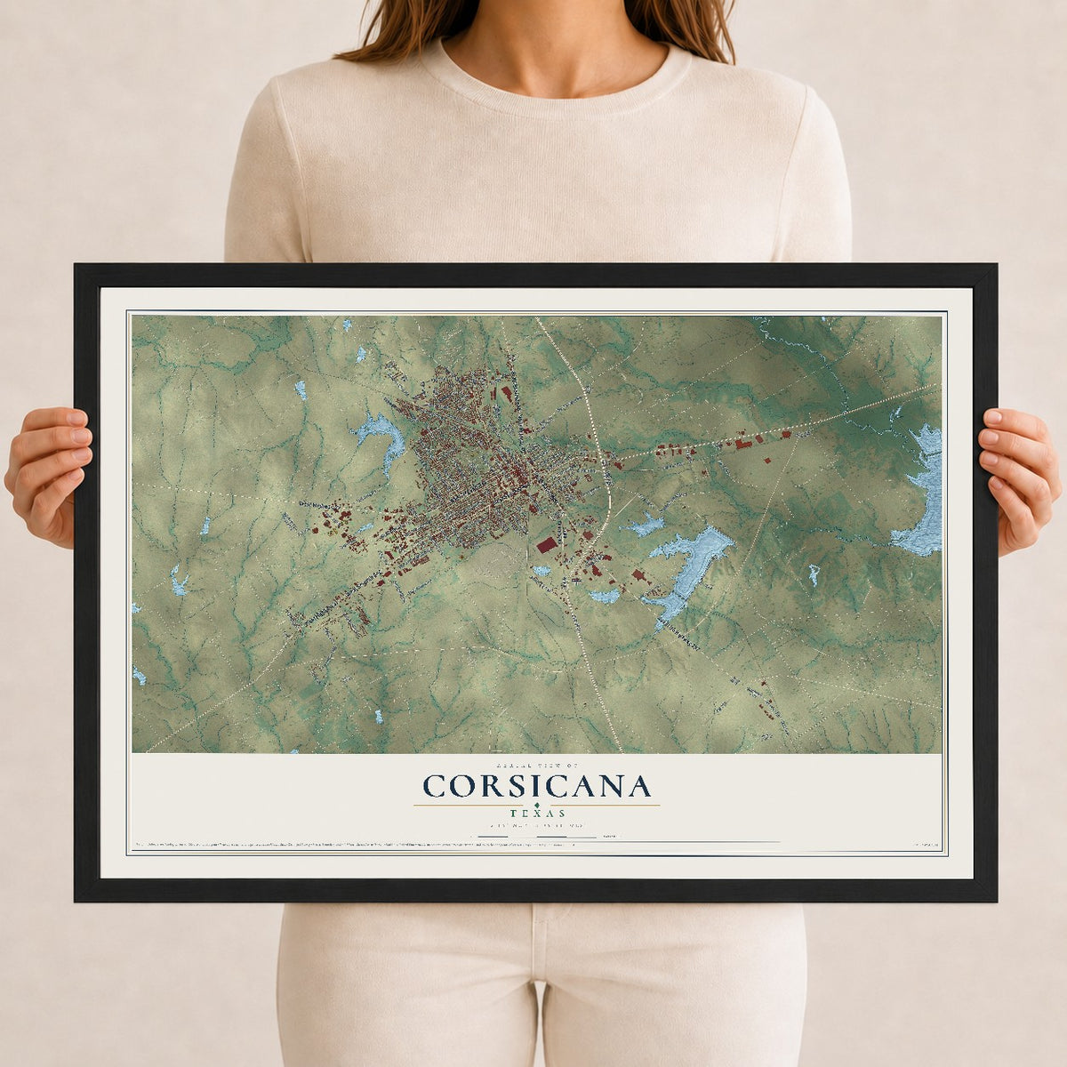 Map of Corsicana, Texas, 12 x 18 inch print in a black wood frame