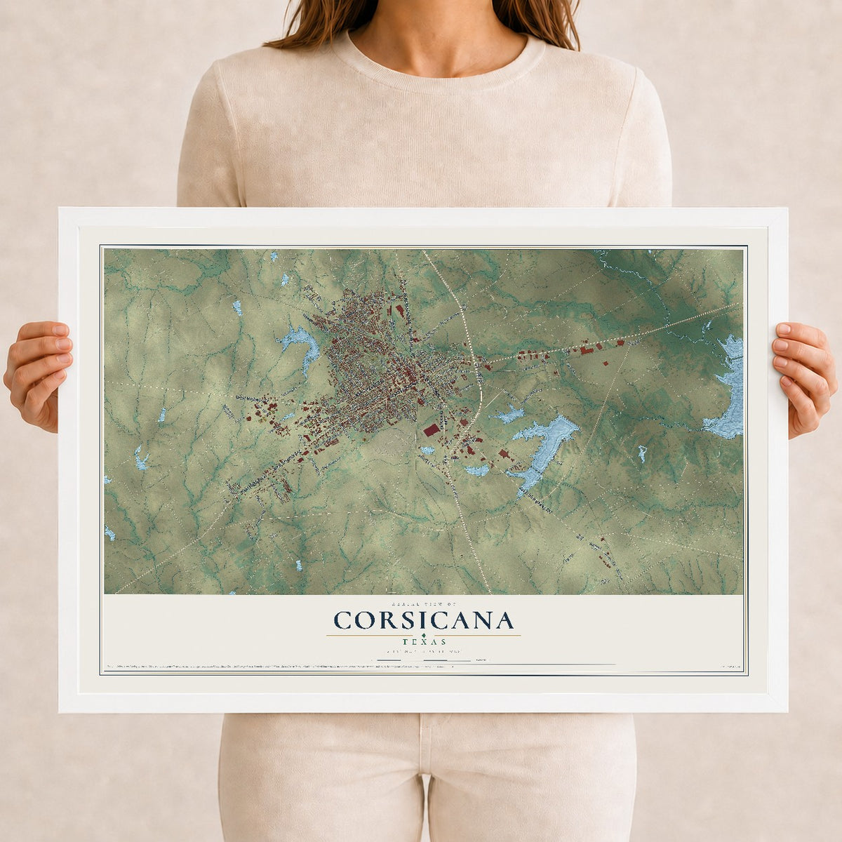 Map of Corsicana, Texas, 12 x 18 inch print in a white wood frame