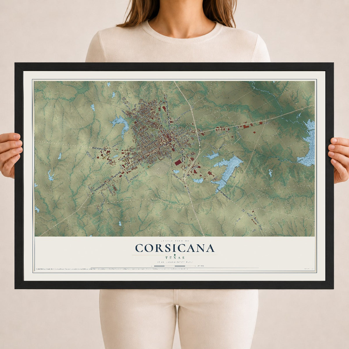 Map of Corsicana, Texas, 18 x 24 inch print in a black wood frame