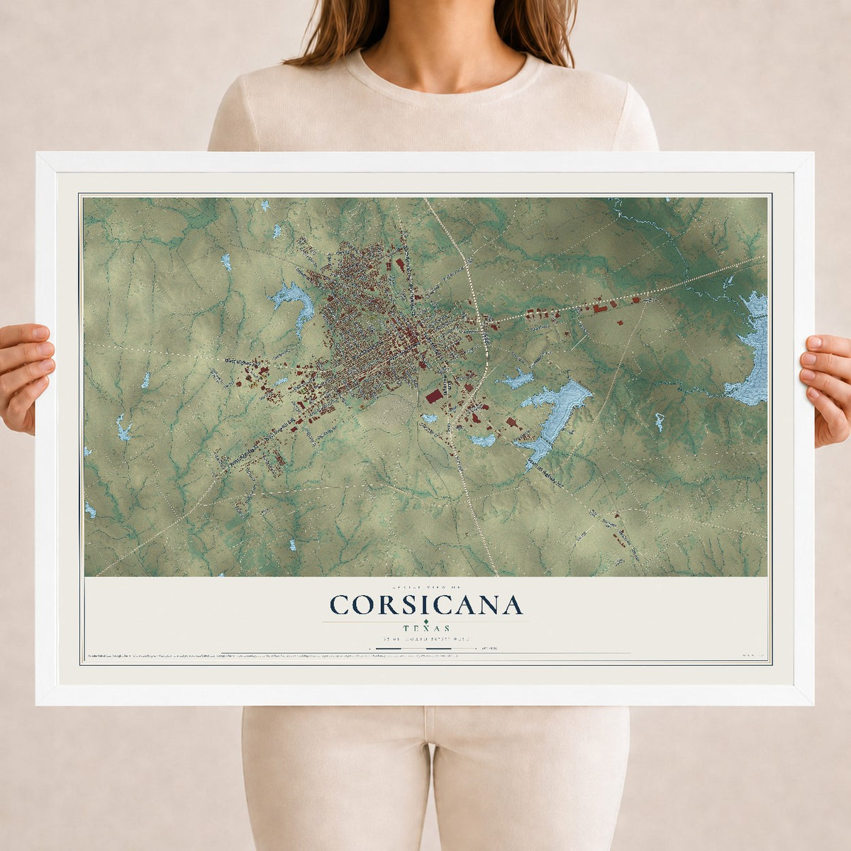 Map of Corsicana, Texas, 18 x 24 inch print in a white wood frame
