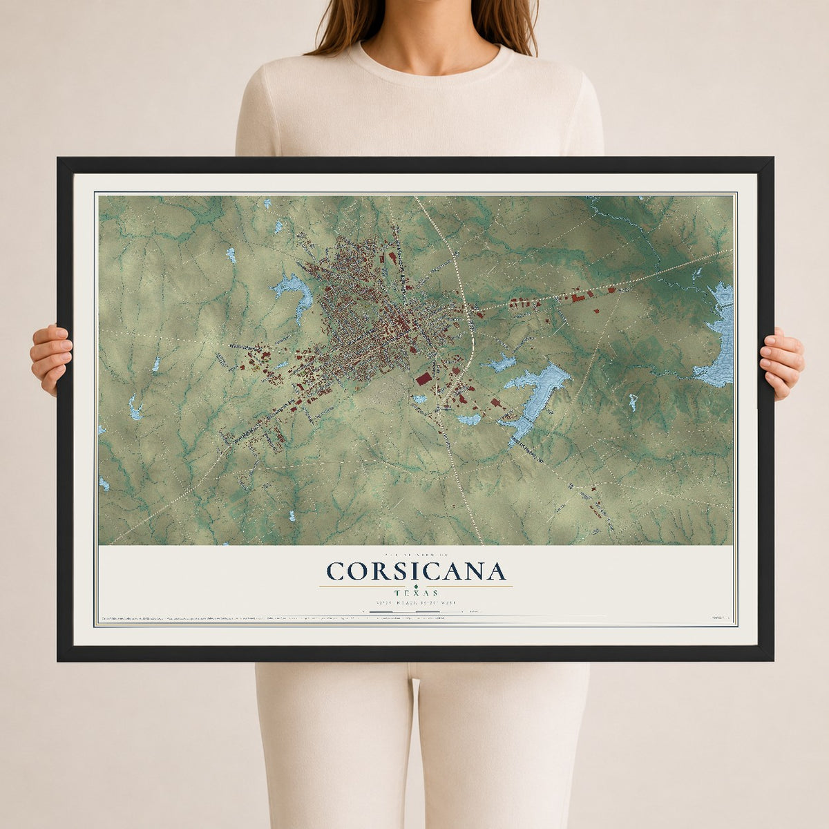 Map of Corsicana, Texas, 24 x 36 inch print in a black wood frame